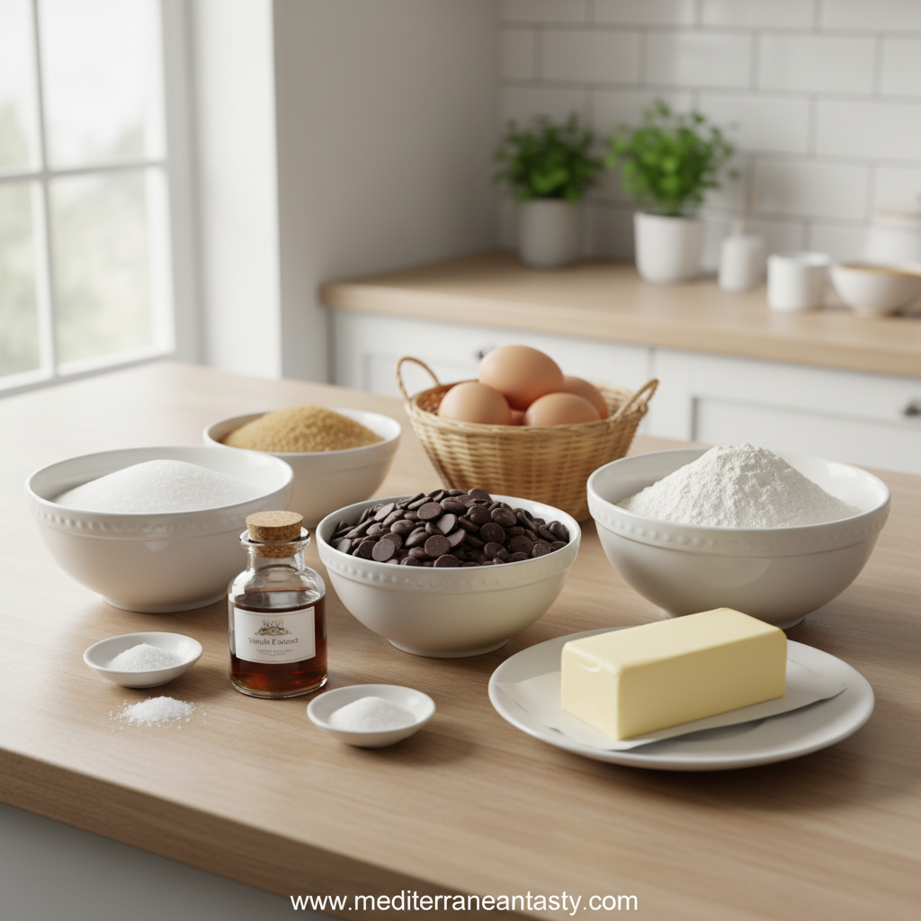 Ingredients for chocolate chip cookies including flour, chocolate chips, butter, and sugar