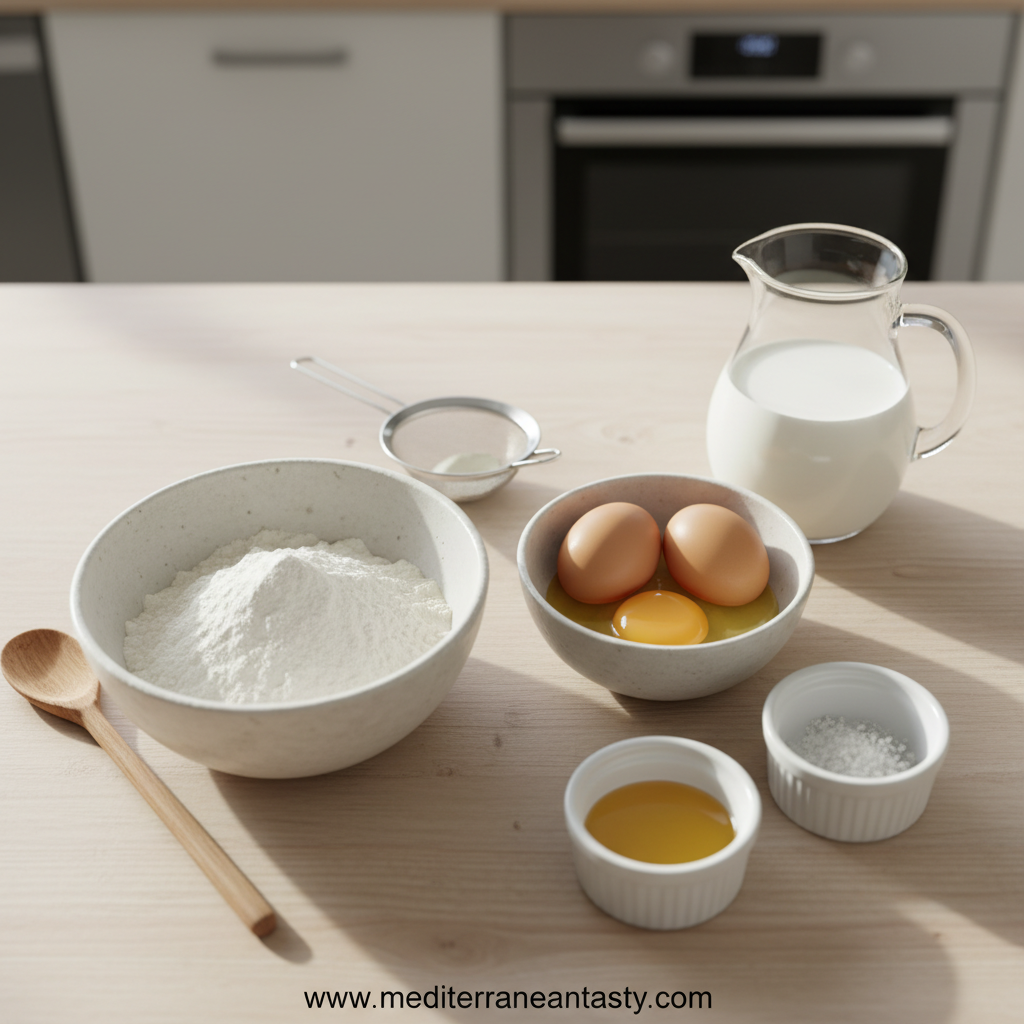Crepe ingredients laid out: flour, eggs, milk, butter