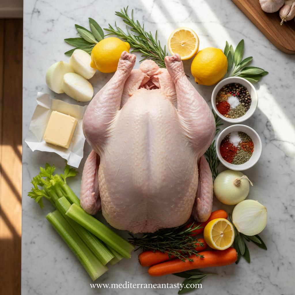 Ingredients for roasting turkey including herbs, butter, vegetables