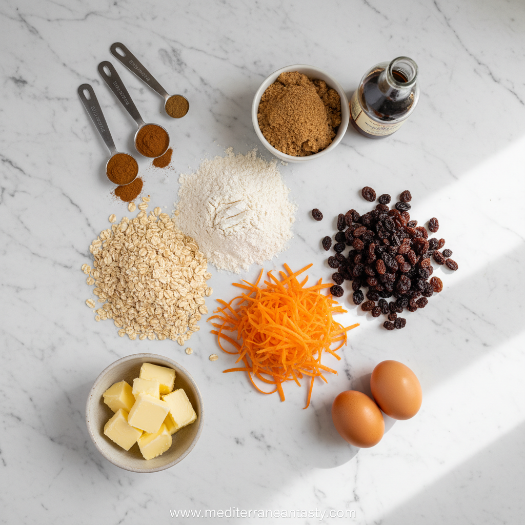 Ingredients for healthy carrot cake oatmeal cookies laid out