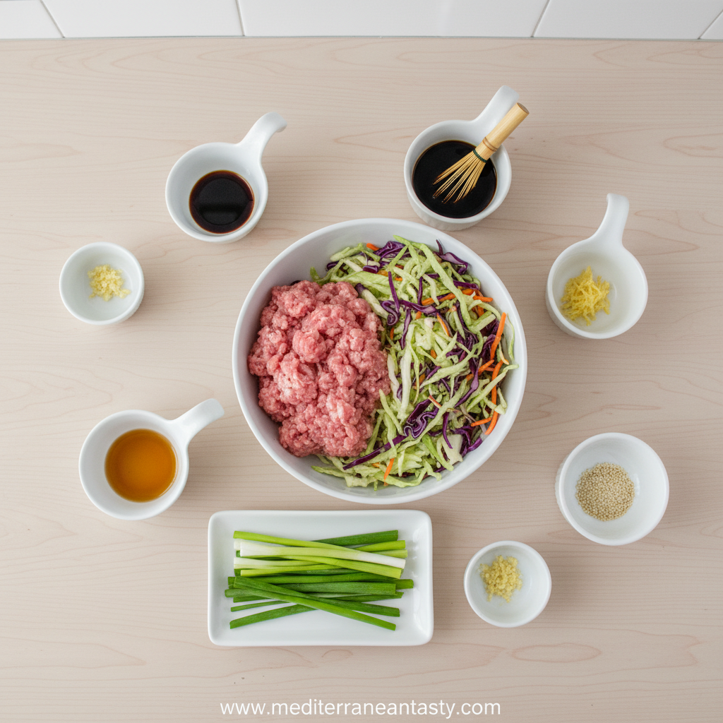 Ingredients for egg roll in a bowl including ground meat, vegetables and sauces