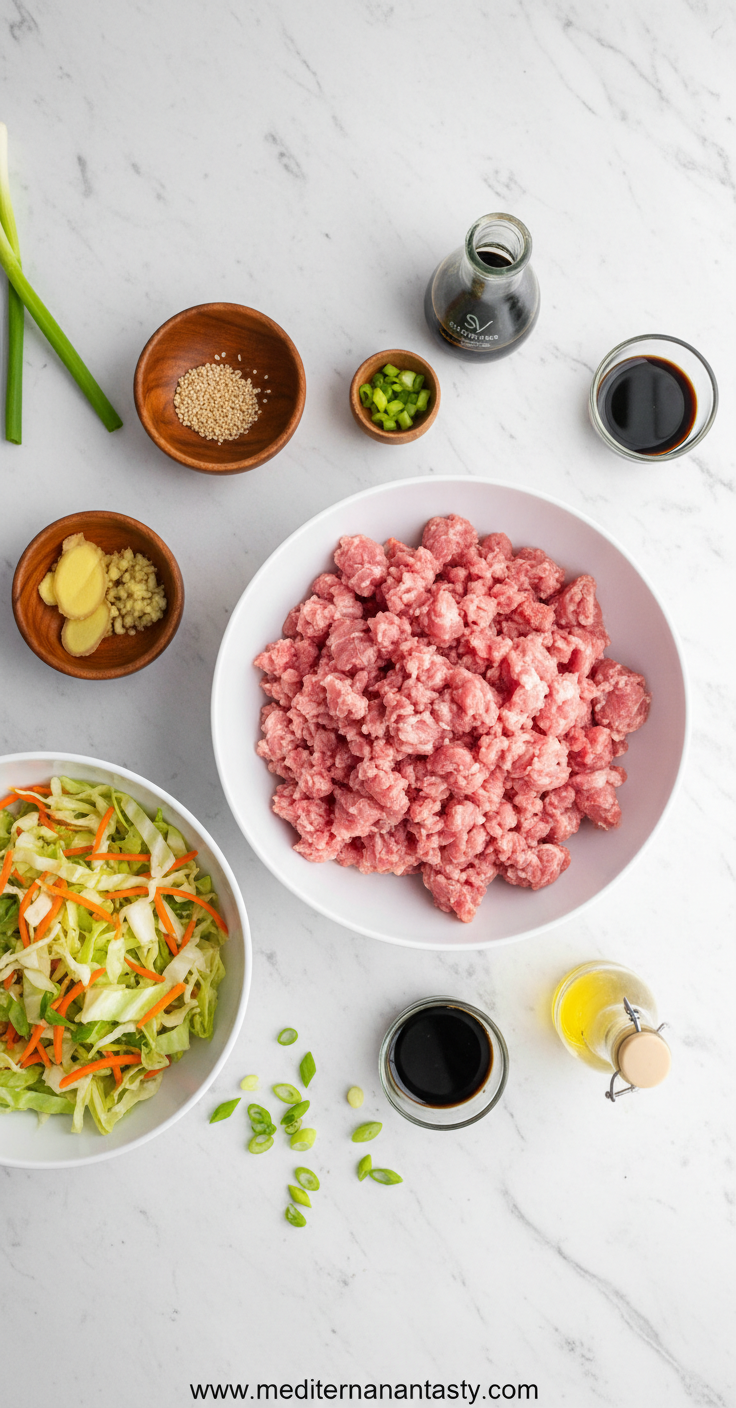 Ingredients for egg roll in a bowl: ground turkey, cabbage, carrots, and seasonings