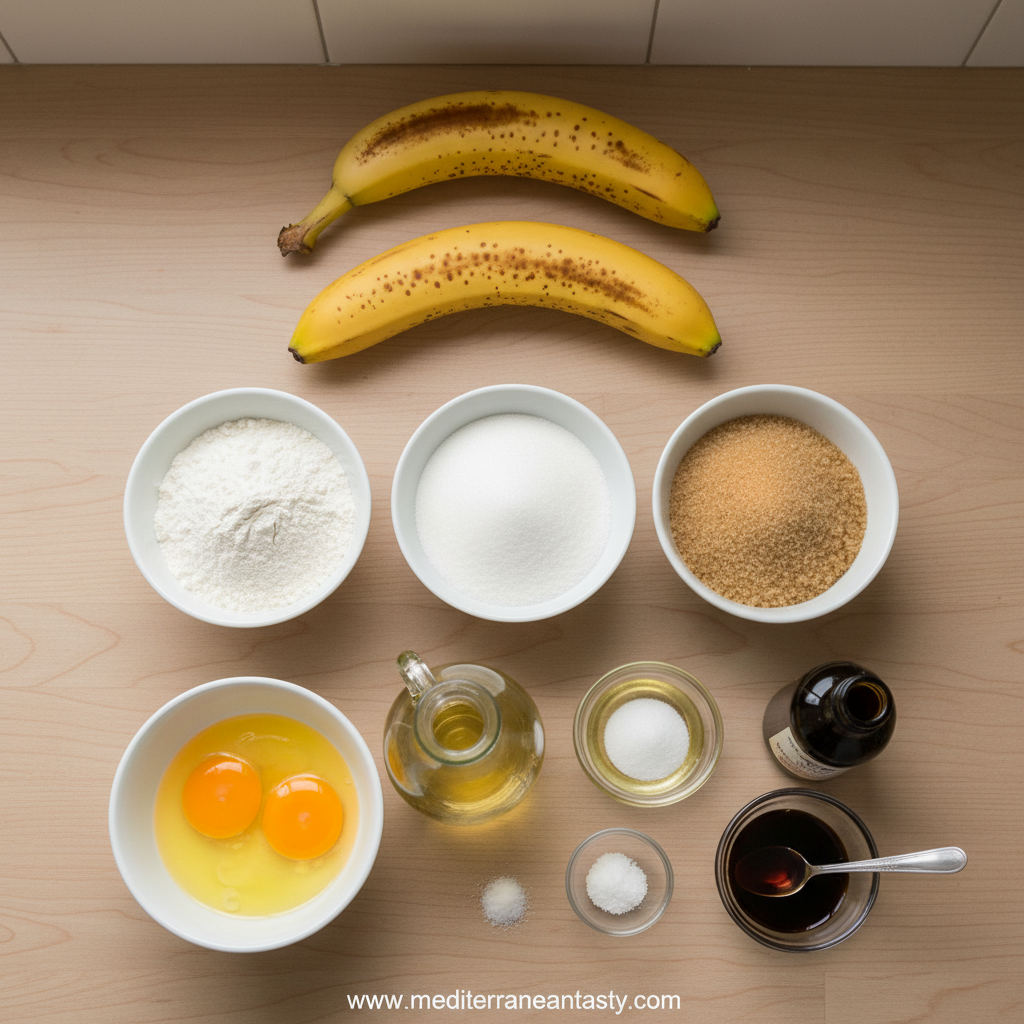 All ingredients needed for banana bread laid out beautifully