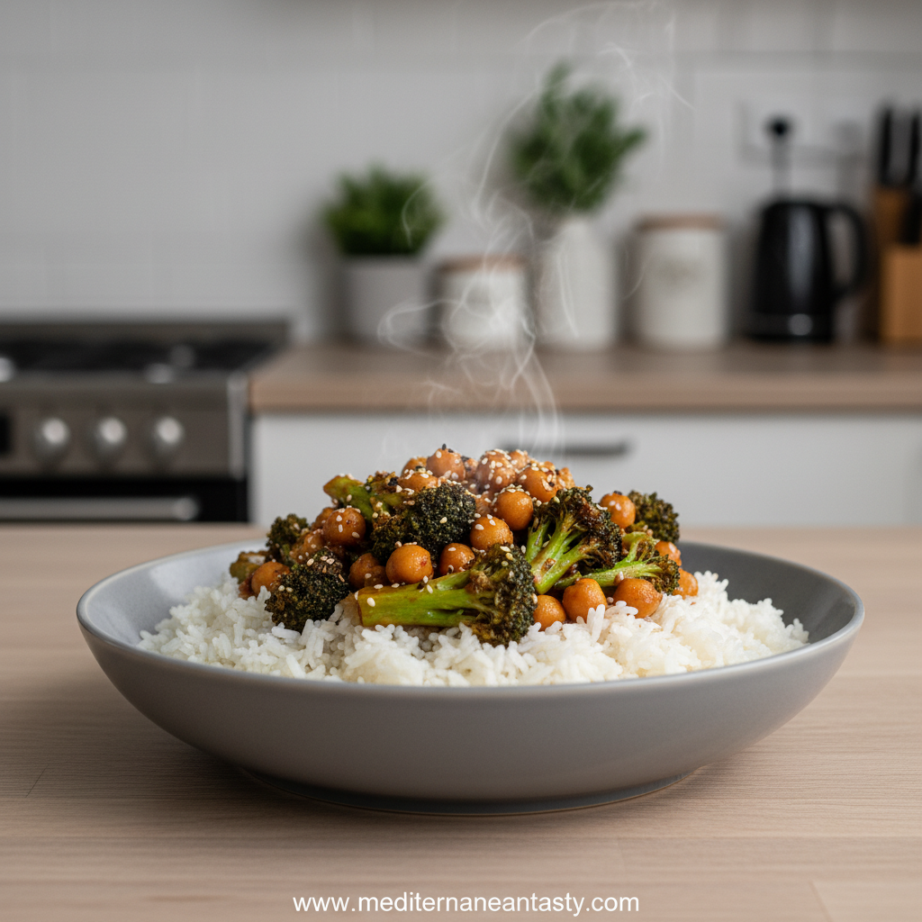 Vegan chickpea cabbage stir-fry in a wok with colorful vegetables
