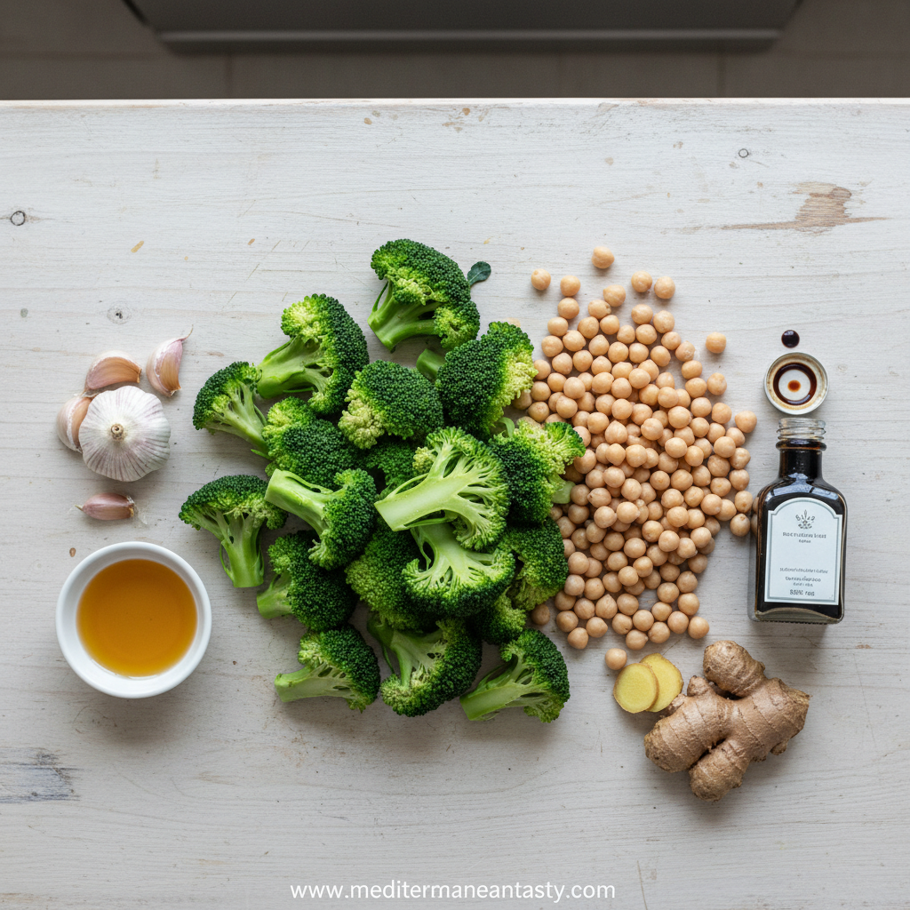 Ingredients for vegan stir-fry including chickpeas, cabbage, and fresh vegetables