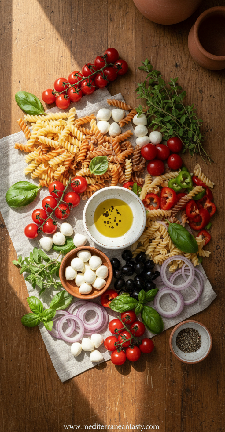 Ingredients for tortellini pesto pasta salad laid out on counter
