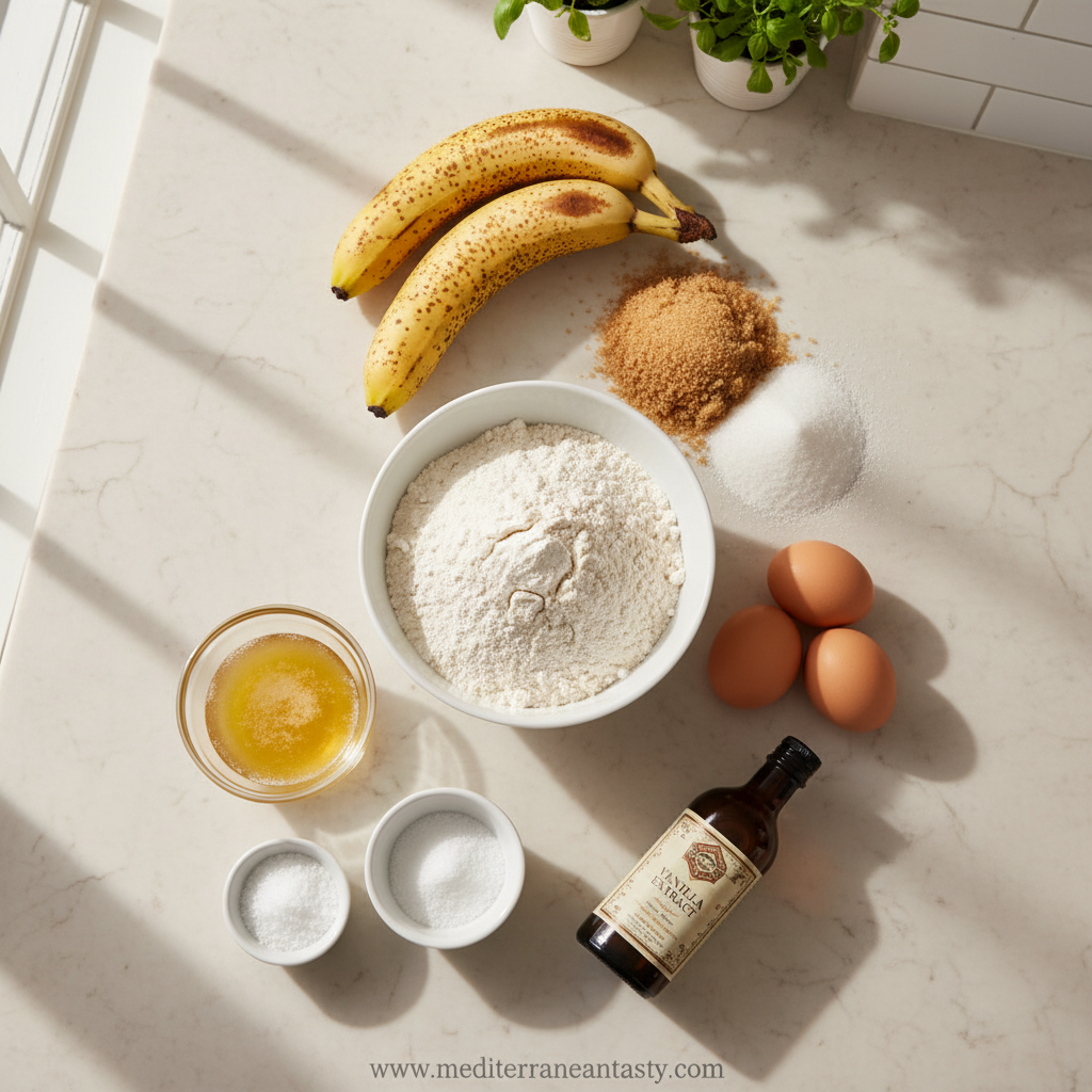 All ingredients needed for making easy banana bread laid out on counter