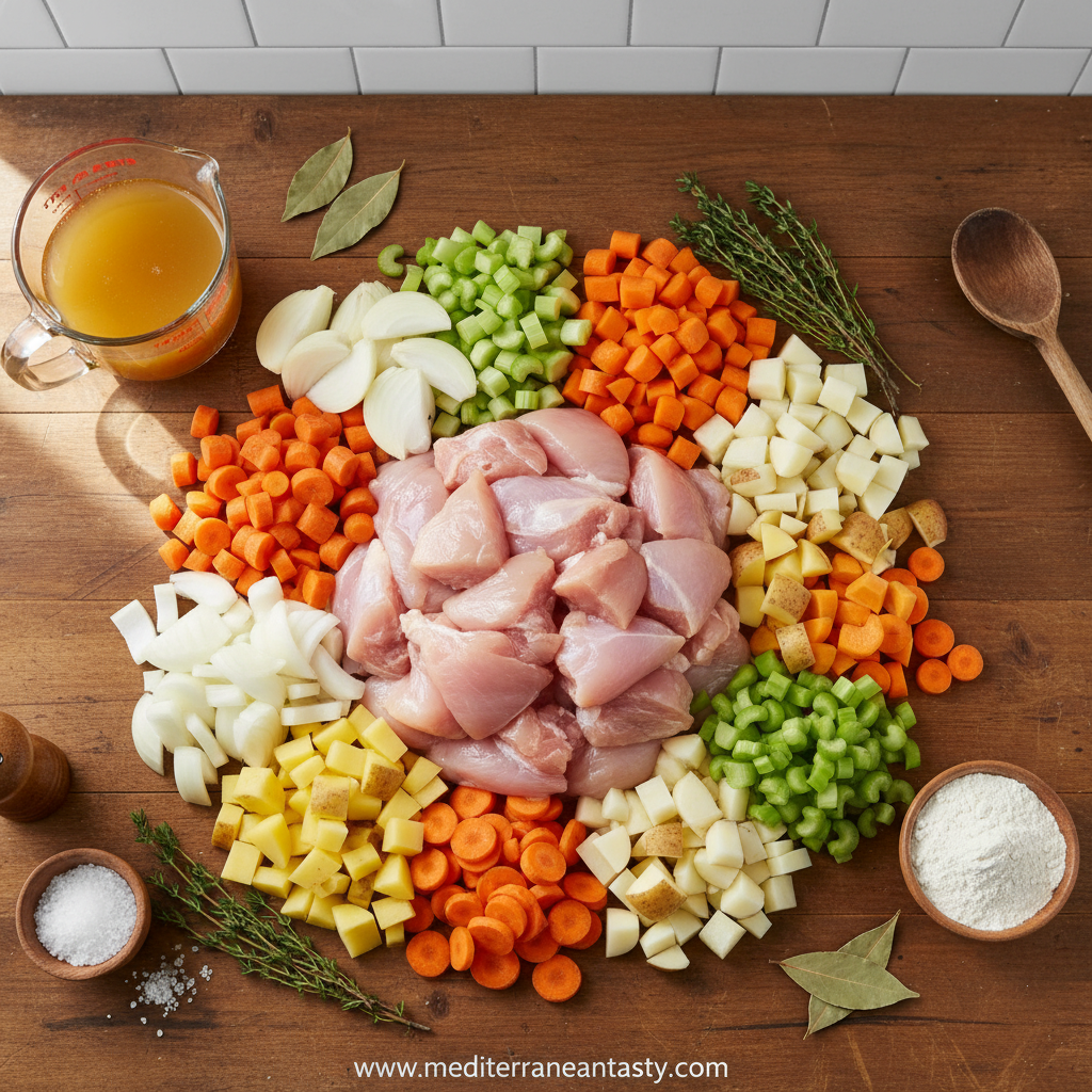 Ingredients for slow cooker chicken stew arranged on counter
