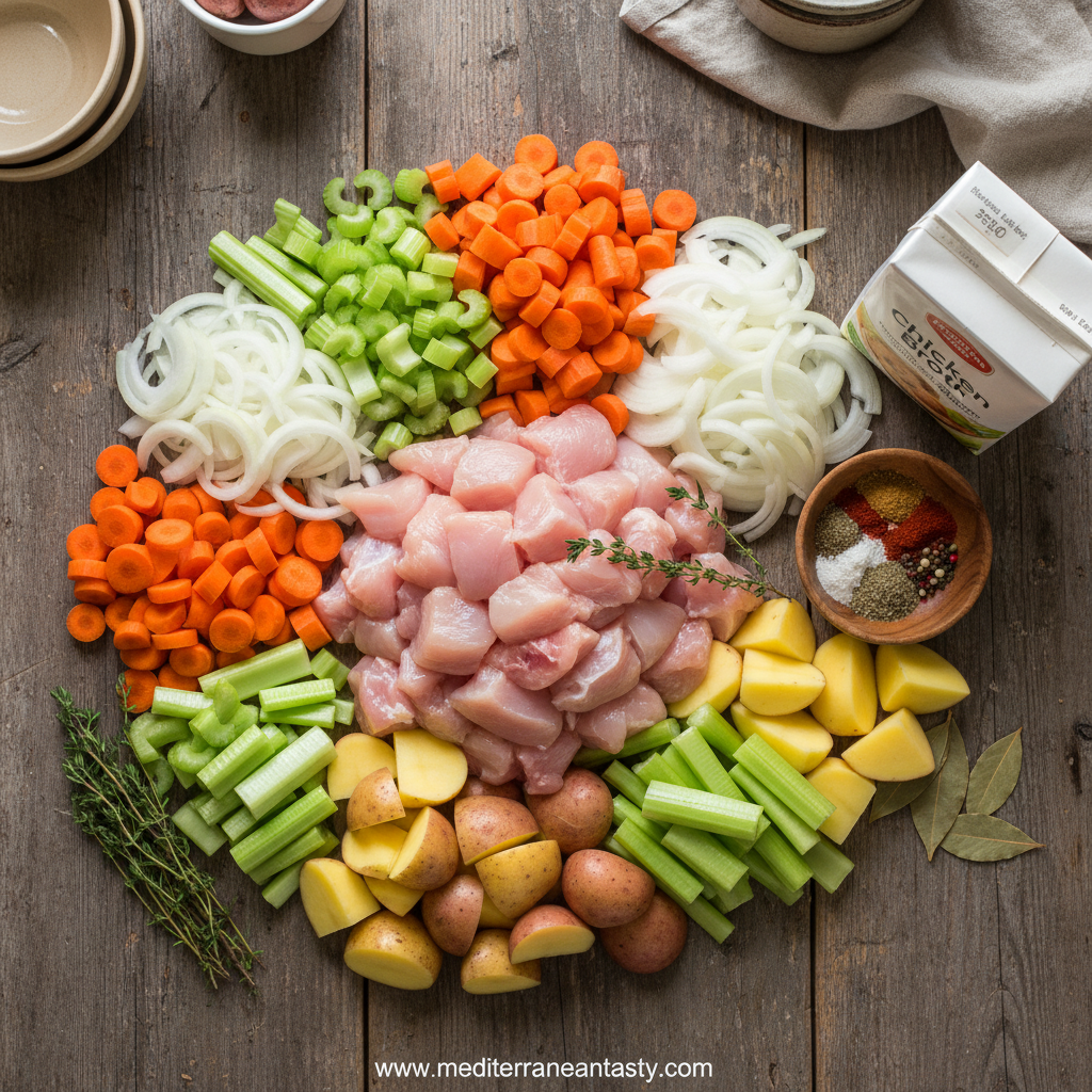 Ingredients for slow cooker chicken stew laid out on counter