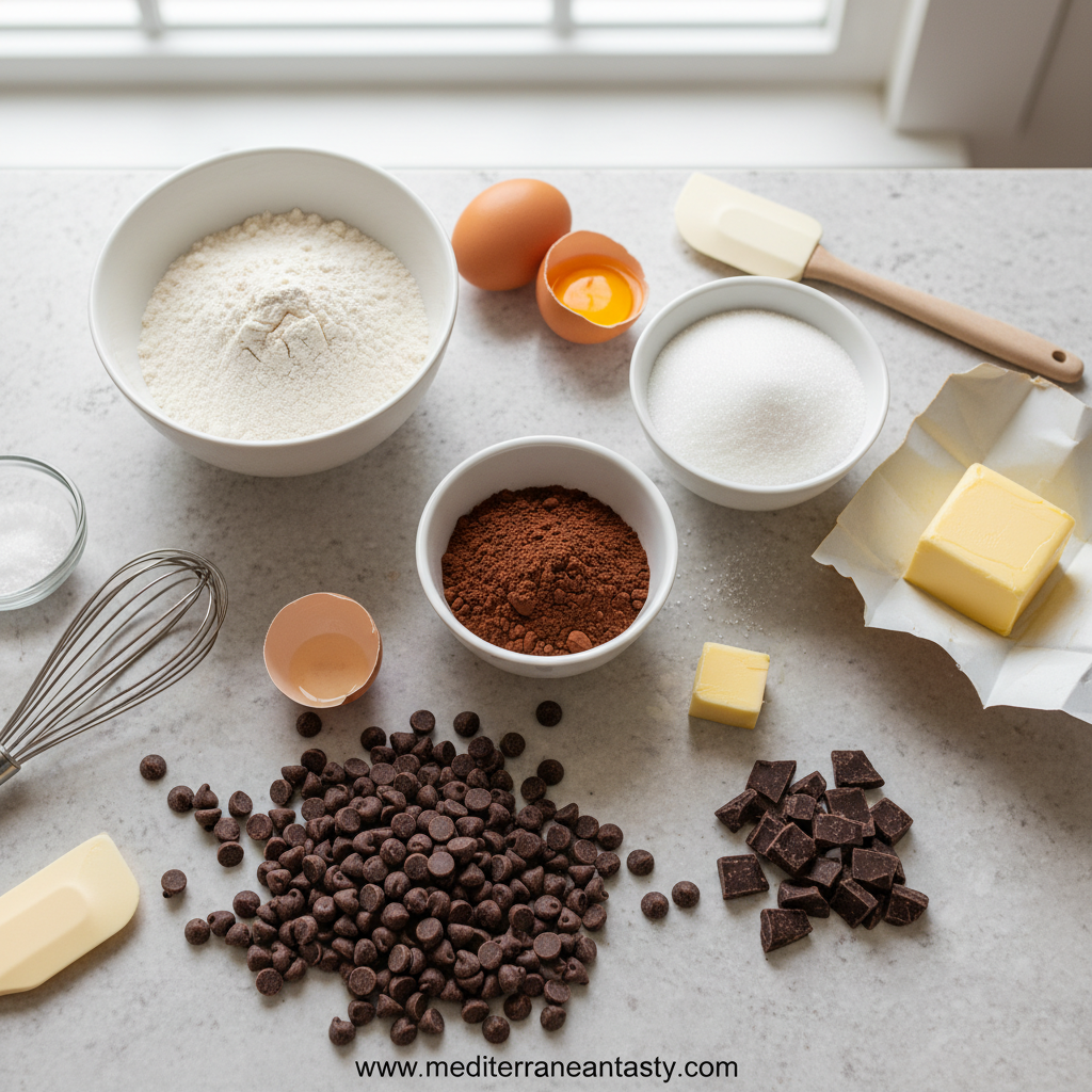 Ingredients for chewy fudge cookies arranged on counter