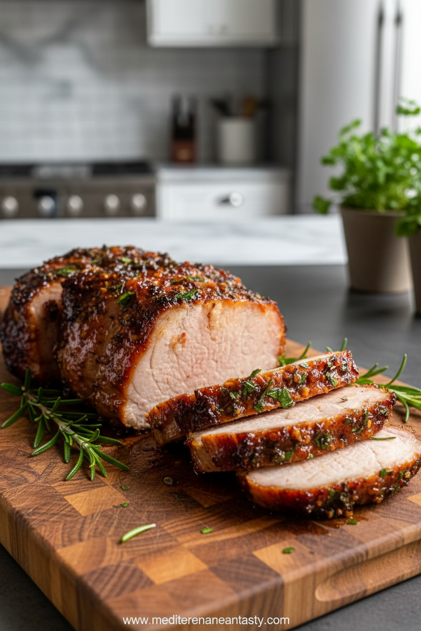 Delicious glazed maple mustard chicken served with roasted vegetables