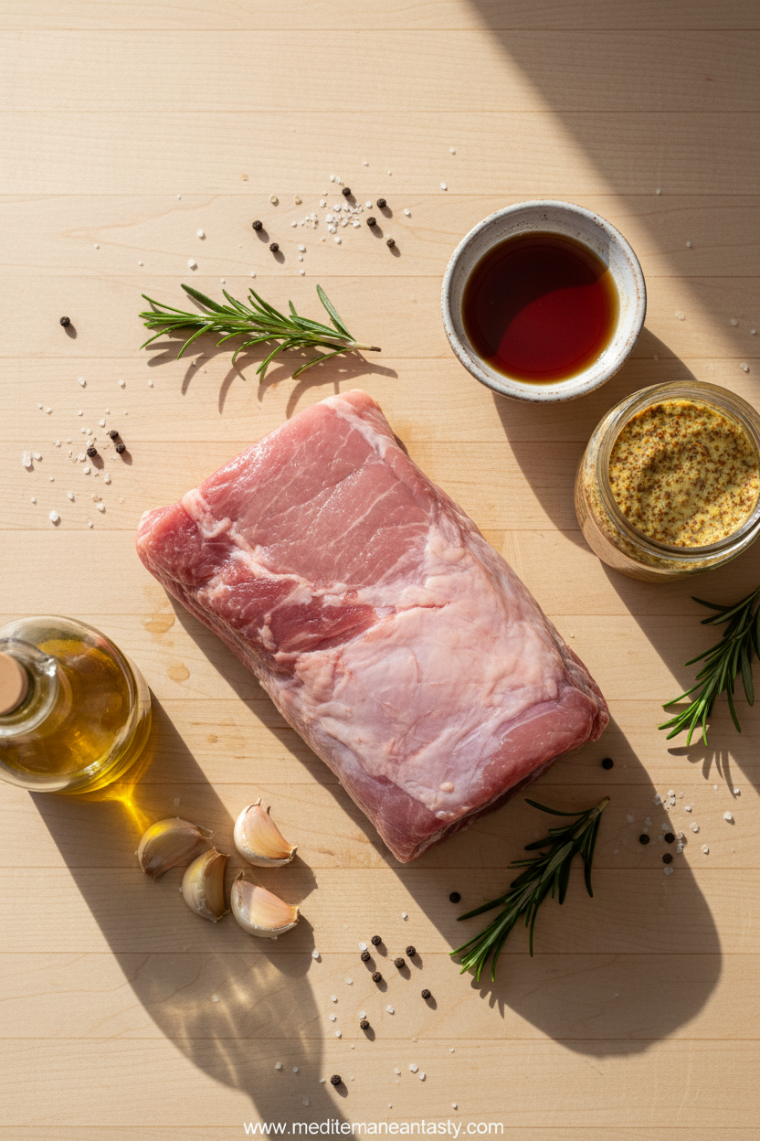 Ingredients for maple mustard glaze including maple syrup, mustard, and spices