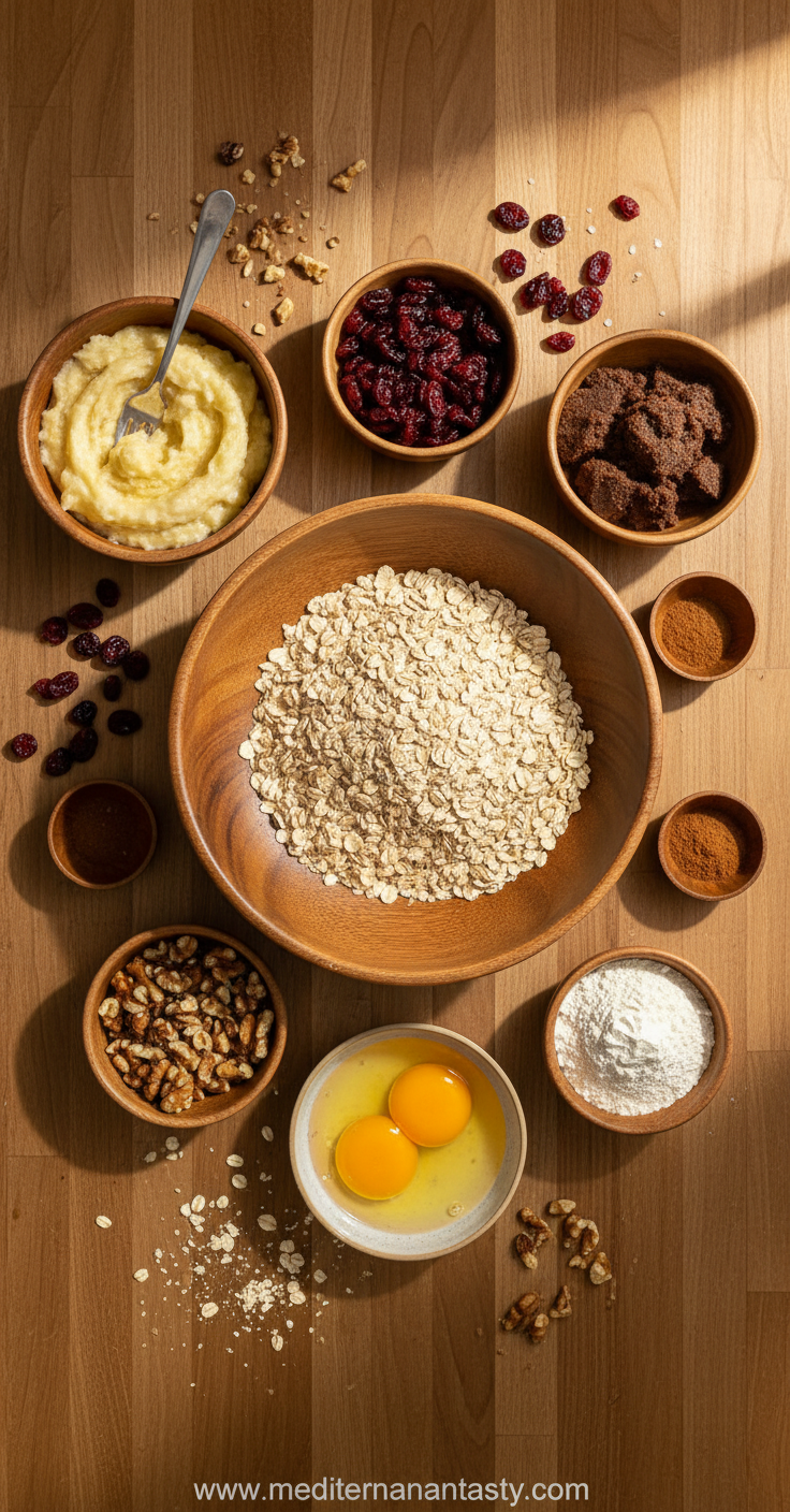 Ingredients for breakfast cookies including oats, bananas, and cinnamon