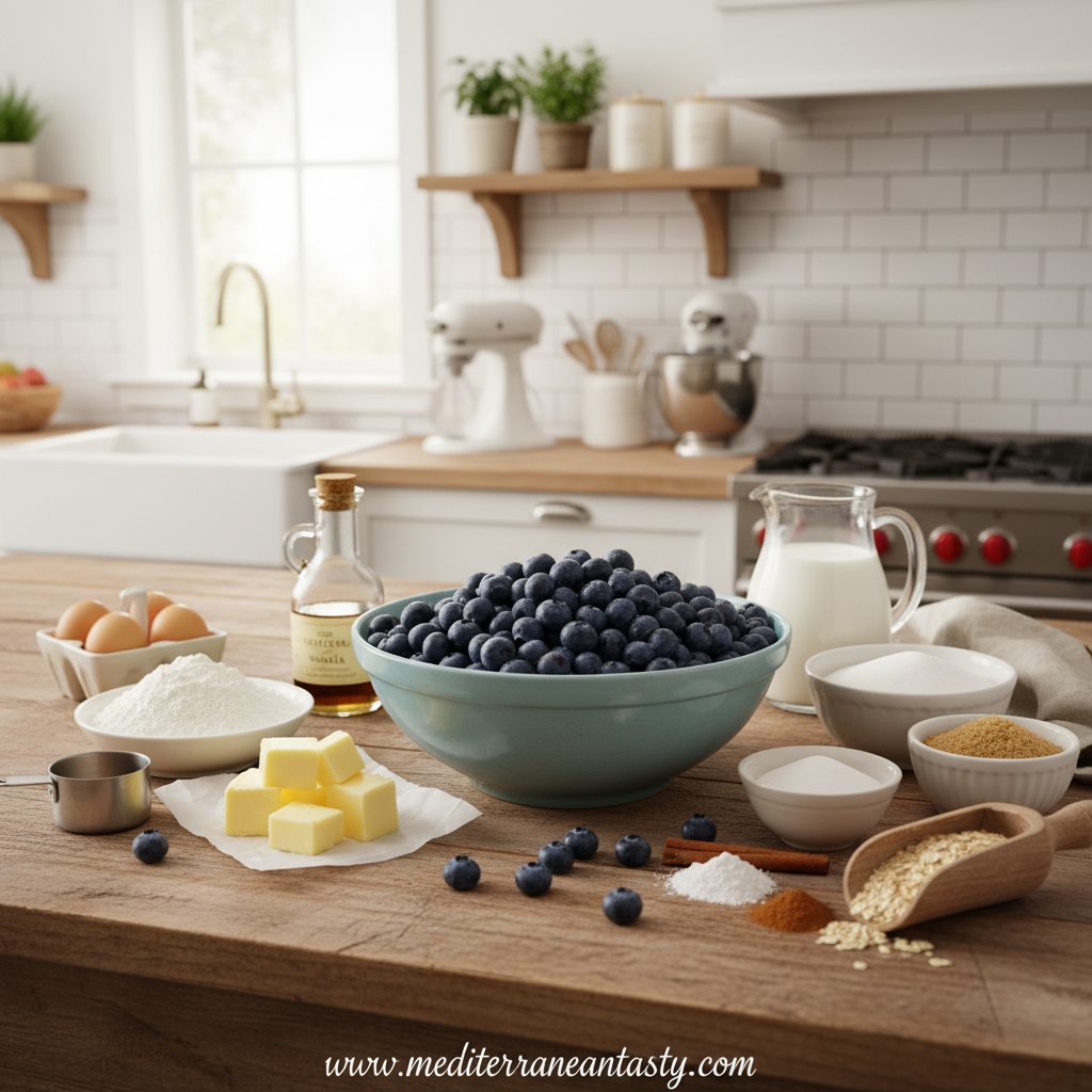 Ingredients for blueberry streusel muffins laid out on counter