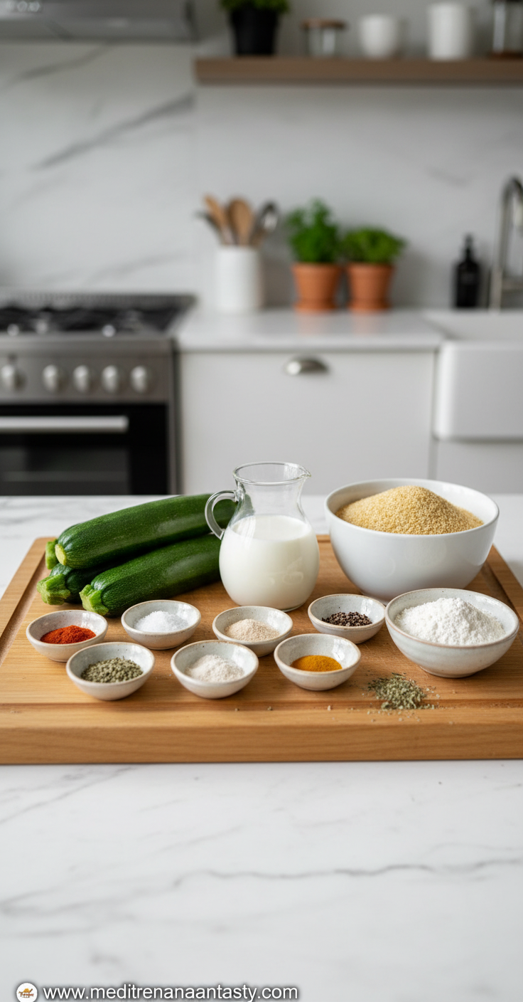 Ingredients for vegan zucchini fries including zucchini, flour, breadcrumbs and spices