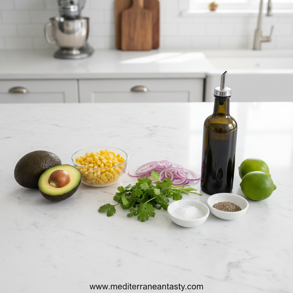 Ingredients for avocado corn salad including corn, avocados, and vegetables