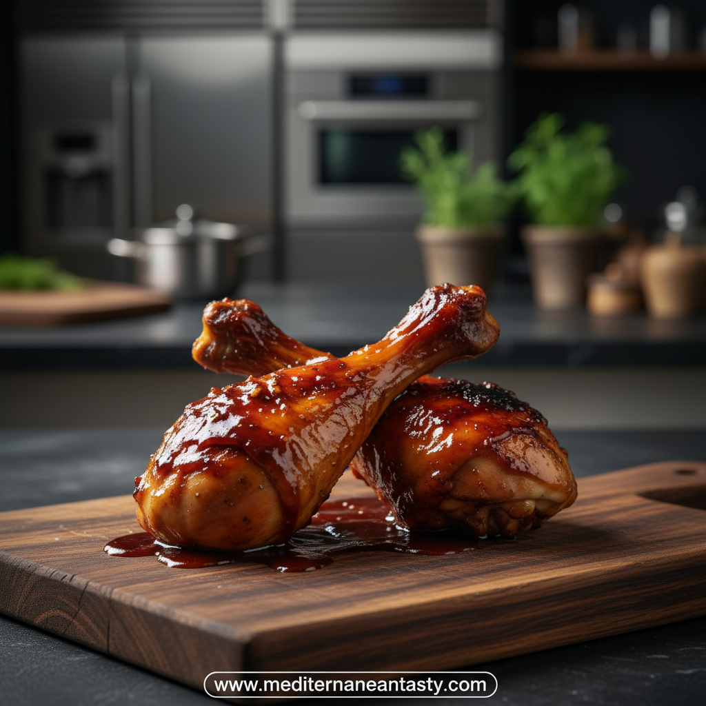 Juicy BBQ chicken legs cooking in crockpot with rich barbecue sauce