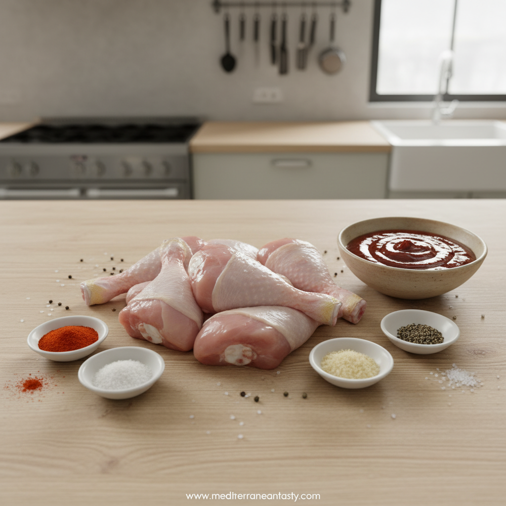 Ingredients for crockpot BBQ chicken legs including chicken, barbecue sauce, and spices
