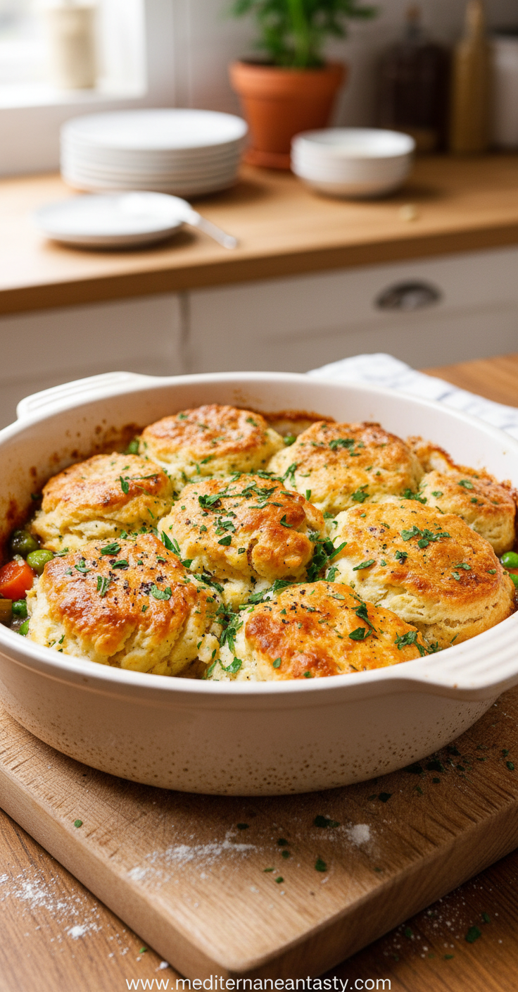Herbed biscuit beef pot pie with golden drop biscuit topping