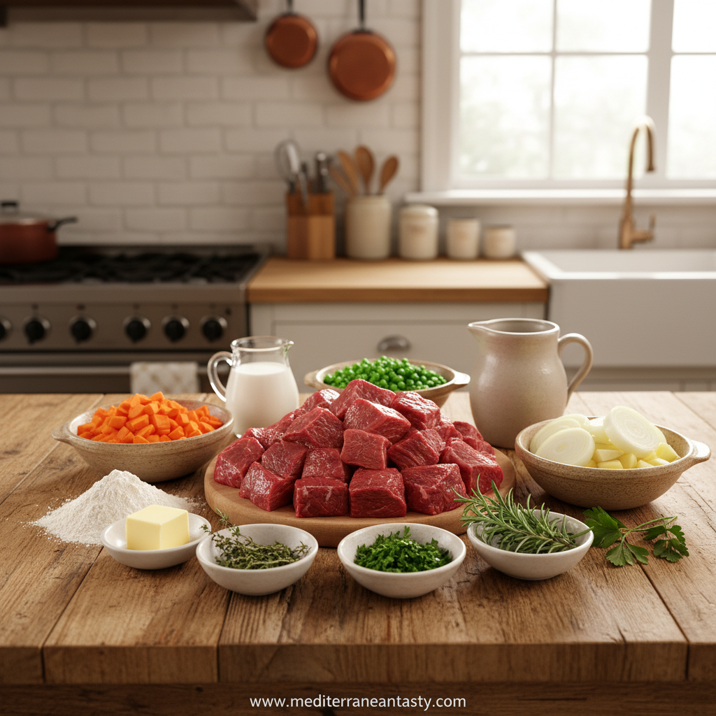 Ingredients for herbed biscuit beef pot pie