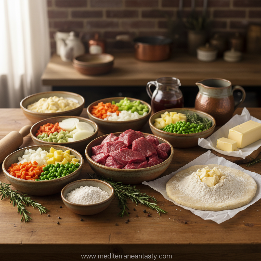 Ingredients for making beef pot pie including beef, vegetables, and pastry