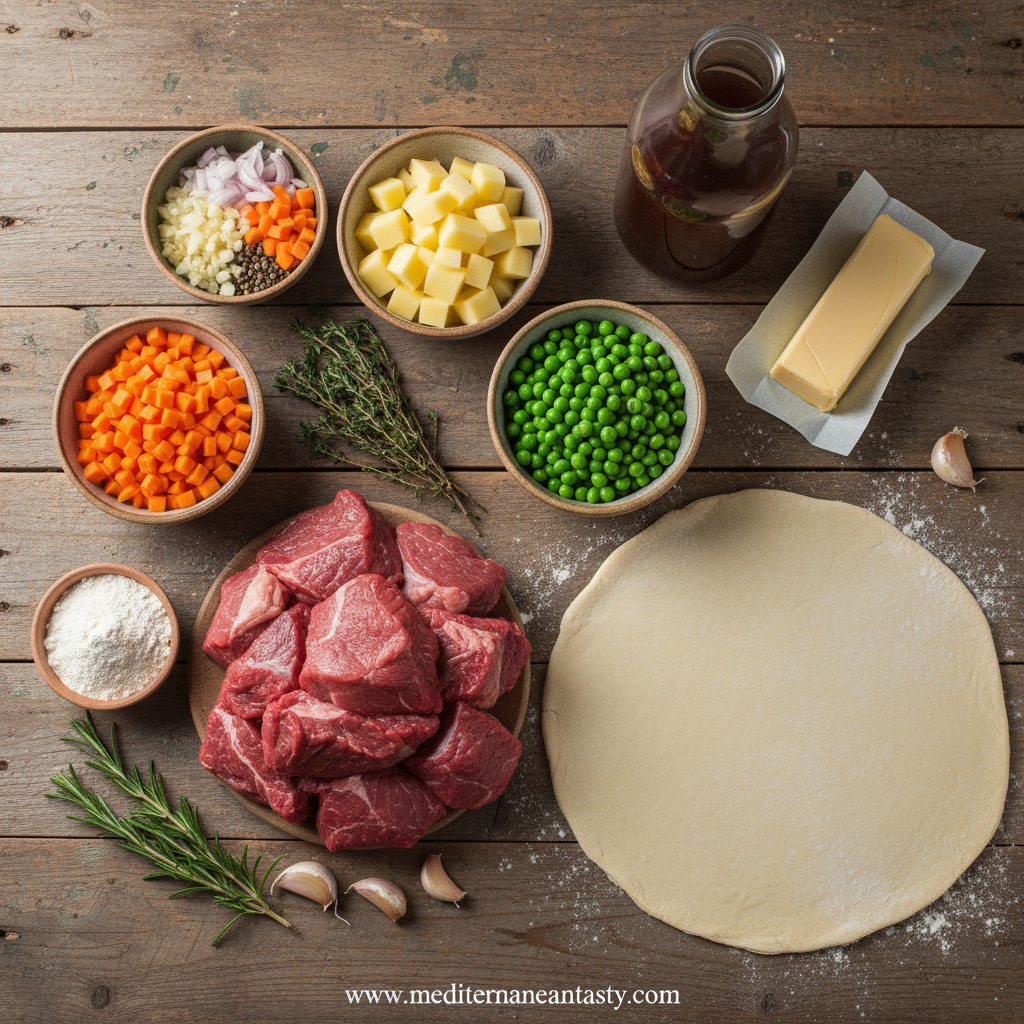 Ingredients for beef pot pie including beef, vegetables, and pastry