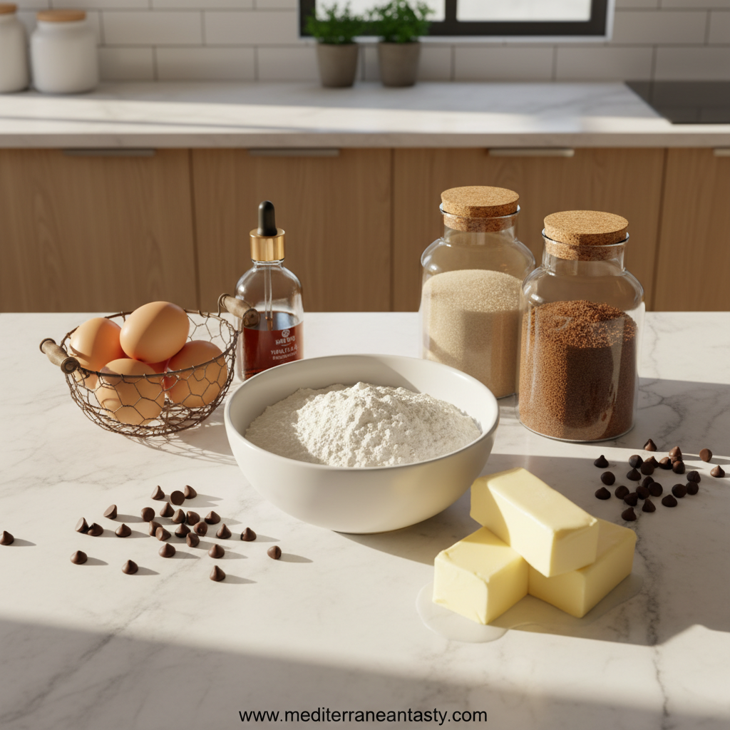 Ingredients for chocolate chip cookies including flour, sugar, eggs, butter, and chocolate chips