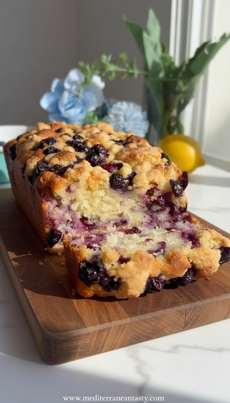 Beautiful blueberry lemon loaf cake with lemon glaze and fresh blueberries
