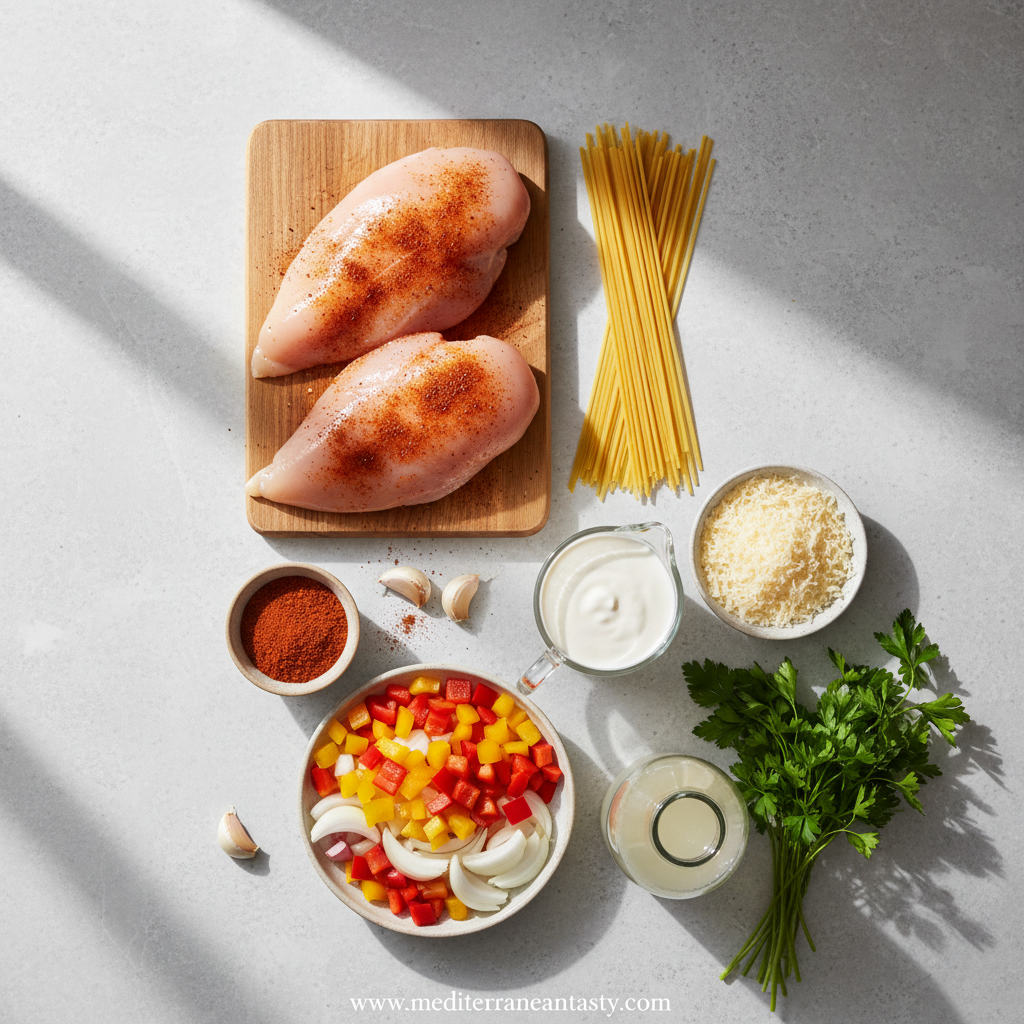 Ingredients for creamy Cajun chicken spaghetti including chicken, pasta, cream, and spices