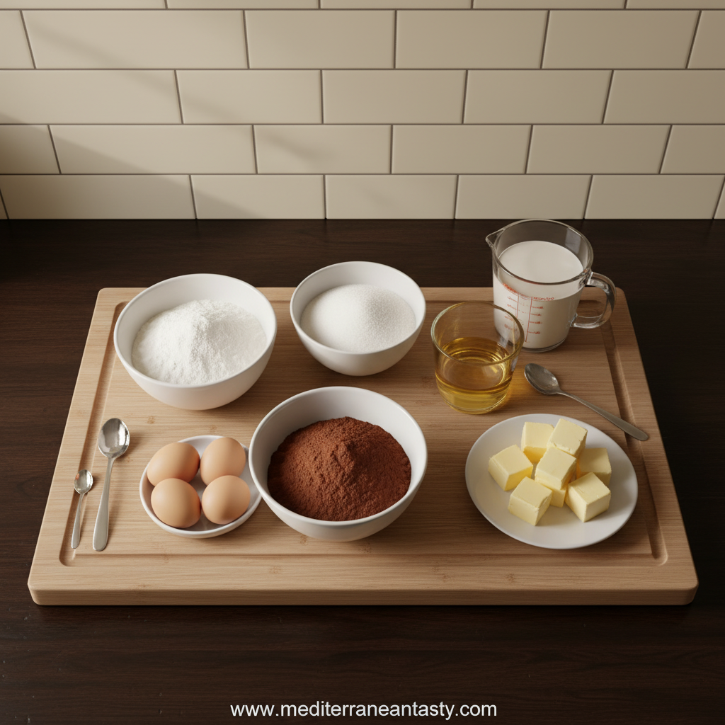 High-quality ingredients for Brick Street Chocolate Cake including cocoa powder, flour, sugar, eggs, and vanilla