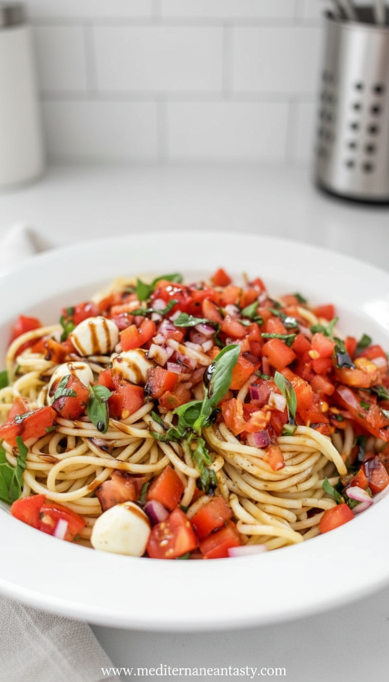 Colorful bruschetta pasta salad with cherry tomatoes, fresh basil, mozzarella and balsamic glaze