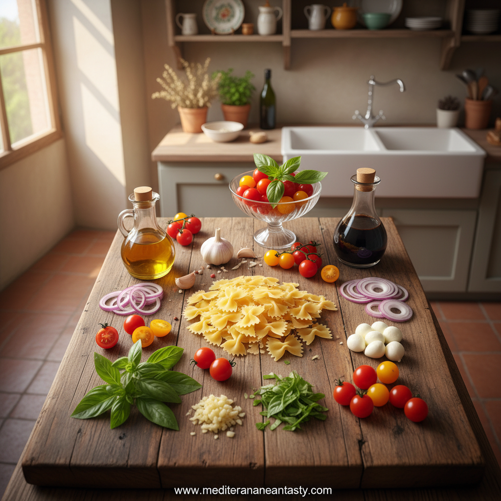 Ingredients for bruschetta pasta salad including pasta, tomatoes, basil, mozzarella, and dressing components