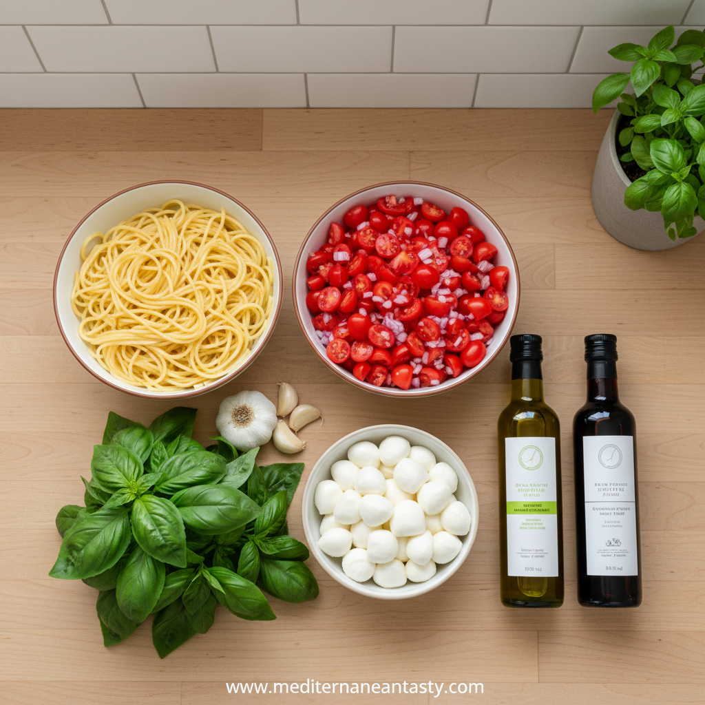 Fresh ingredients for bruschetta pasta salad including tomatoes, basil, mozzarella and pasta