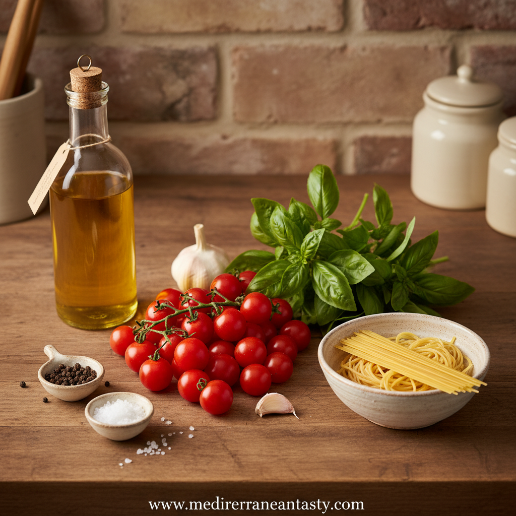 Ingredients for bruschetta pasta including tomatoes, basil, garlic and pasta