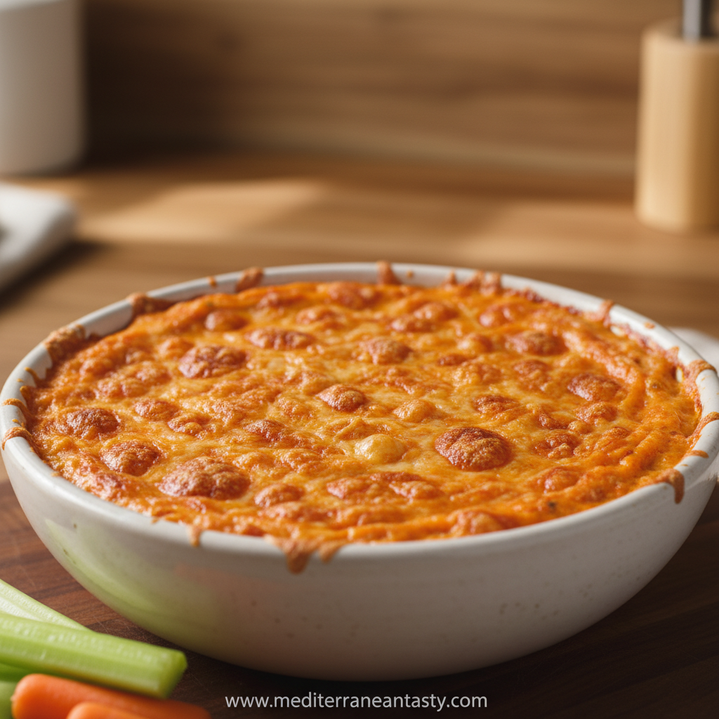 Golden brown buffalo chicken dip served in baking dish with tortilla chips