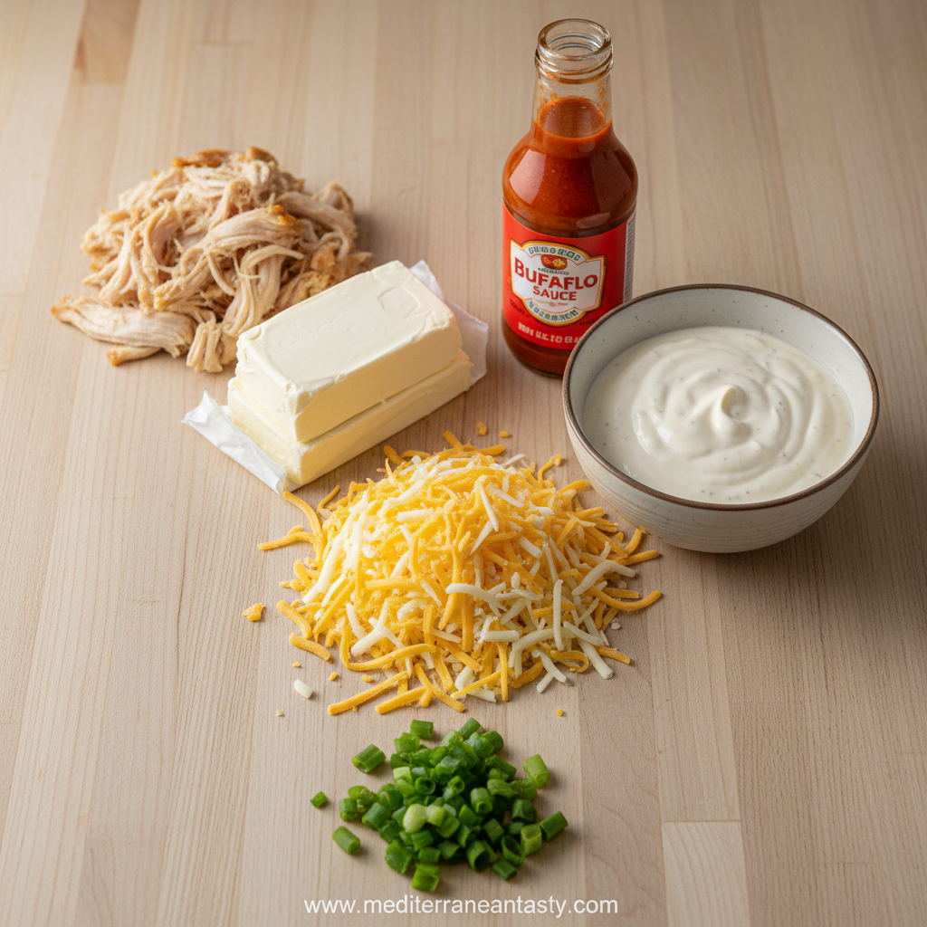 Buffalo chicken dip ingredients including cream cheese, shredded chicken, buffalo sauce and ranch dressing
