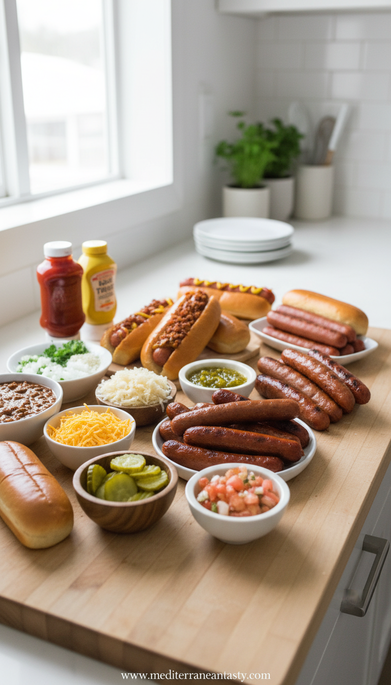 Hot dog bar ingredients and toppings arranged beautifully