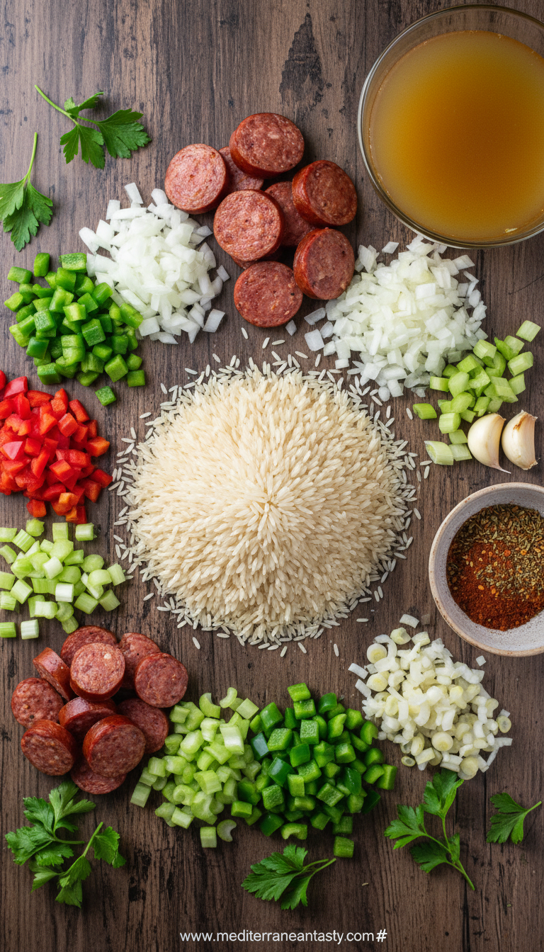 Ingredients for Cajun sausage rice including chicken sausage, rice, bell peppers, and spices