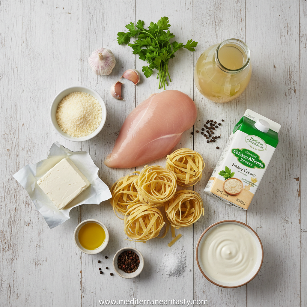 Ingredients for cheesy chicken Alfredo pasta