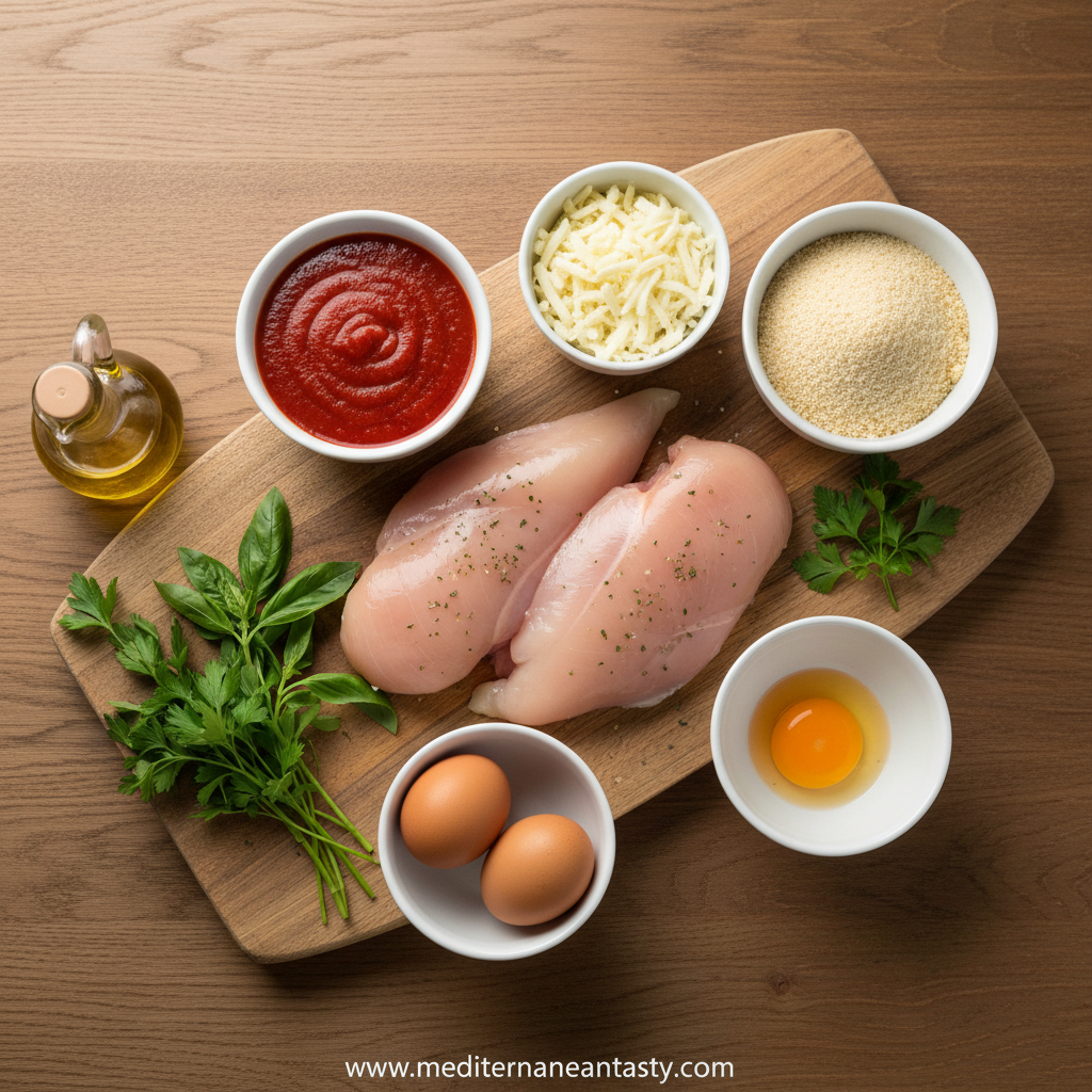 Fresh ingredients for chicken parmesan casserole including chicken, marinara, mozzarella, and seasonings