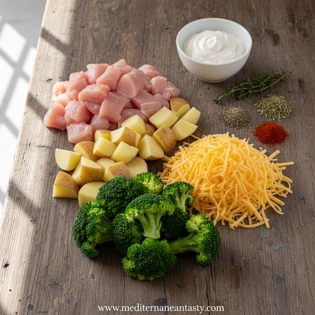 Ingredients for cheesy chicken potato broccoli casserole