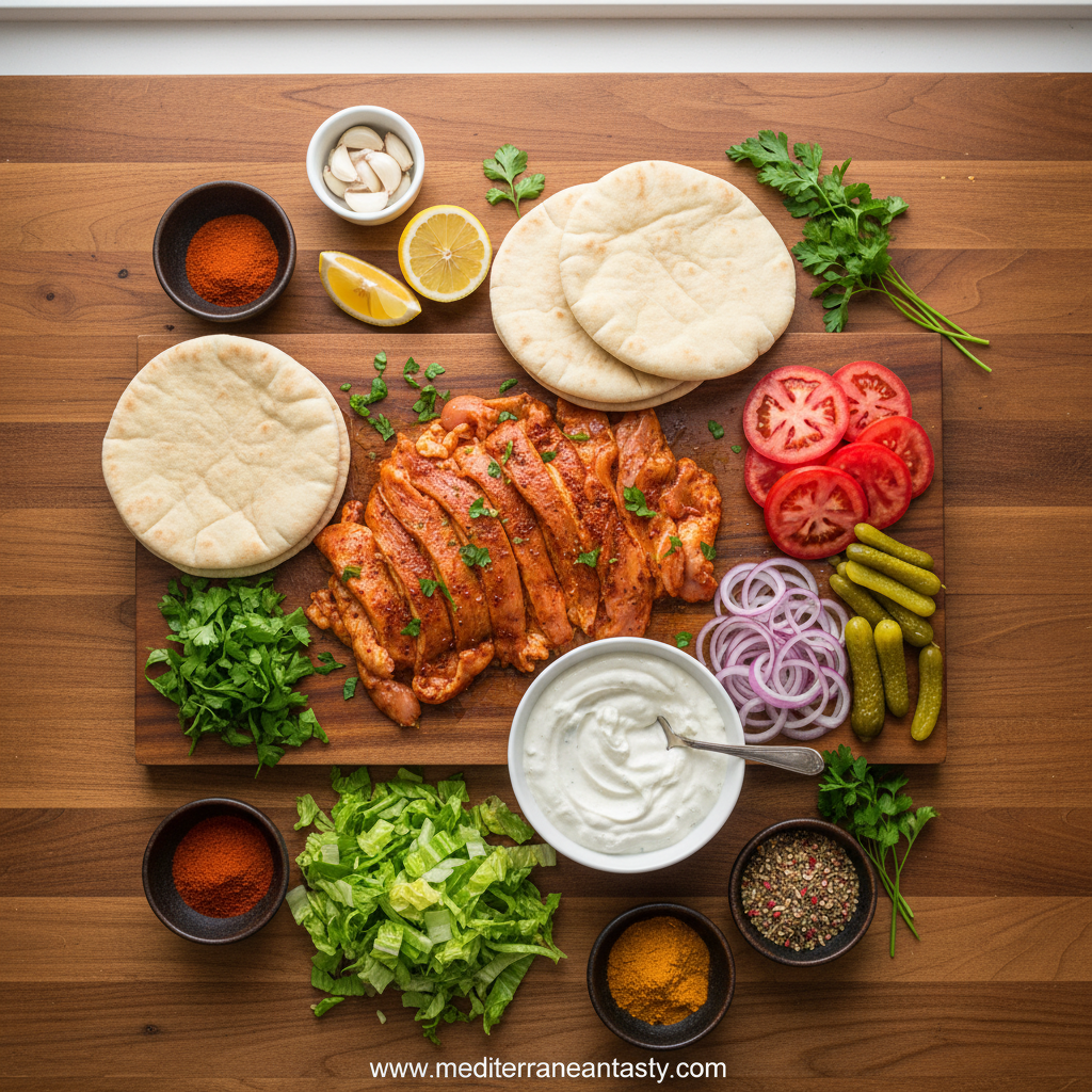Ingredients for chicken shawarma recipe including chicken, spices, yogurt, and garlic