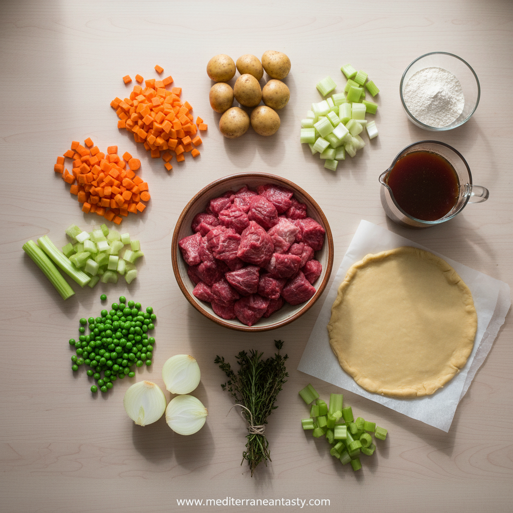 Ingredients for classic beef pot pie including beef, vegetables, and pastry