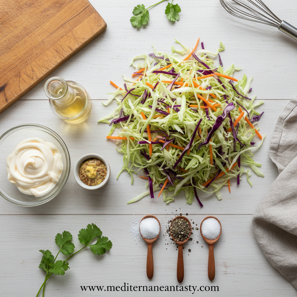 Coleslaw ingredients including cabbage, carrots, mayonnaise, and seasonings