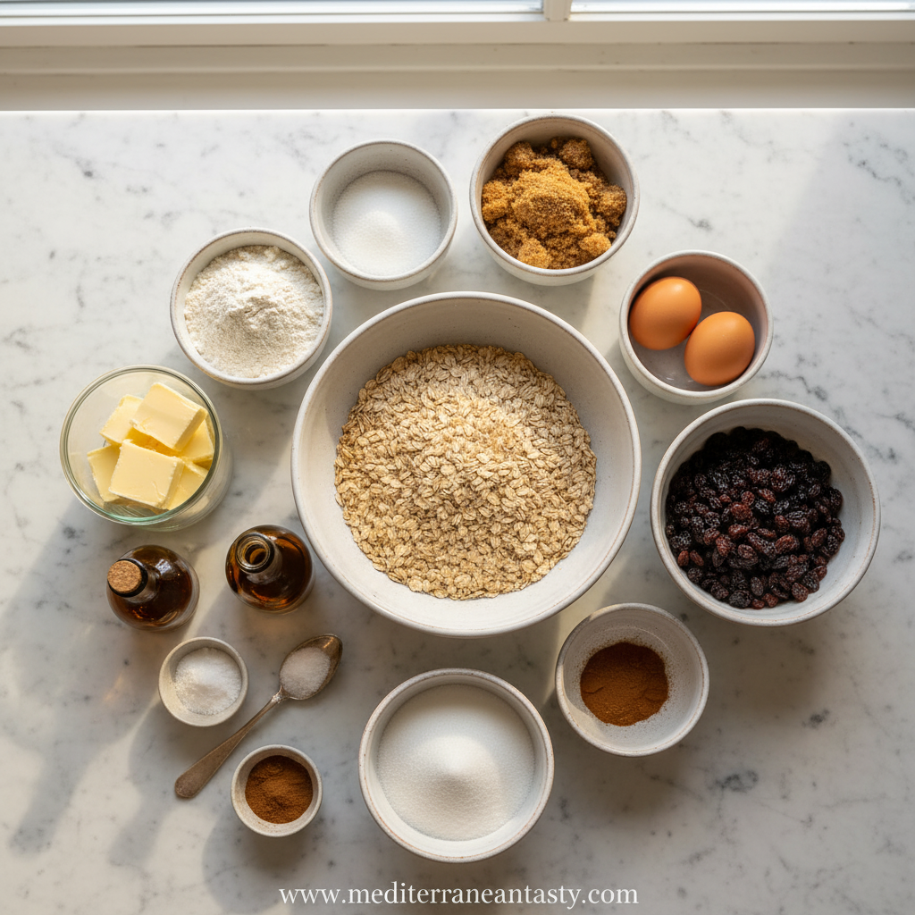 Ingredients for making classic oatmeal cookies including oats, flour, and spices