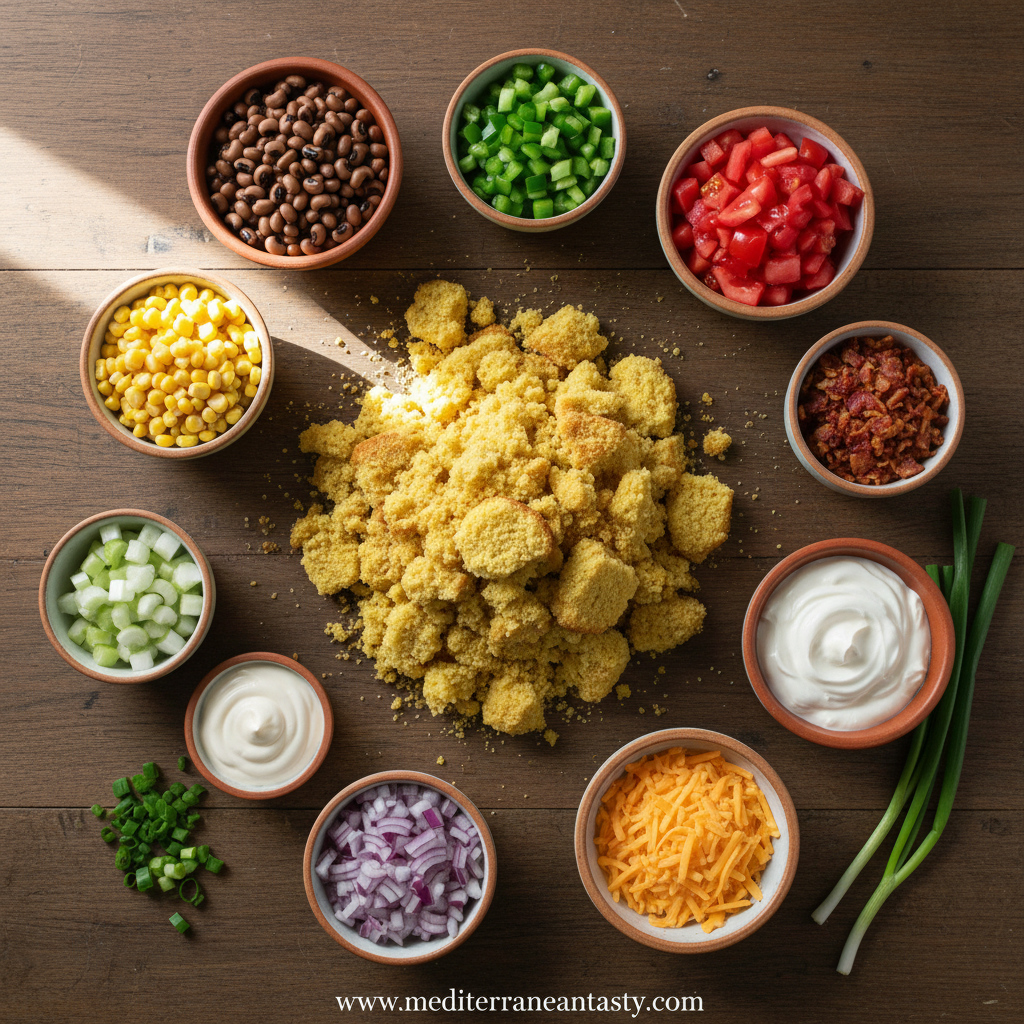 Ingredients for Southern cornbread salad laid out on counter