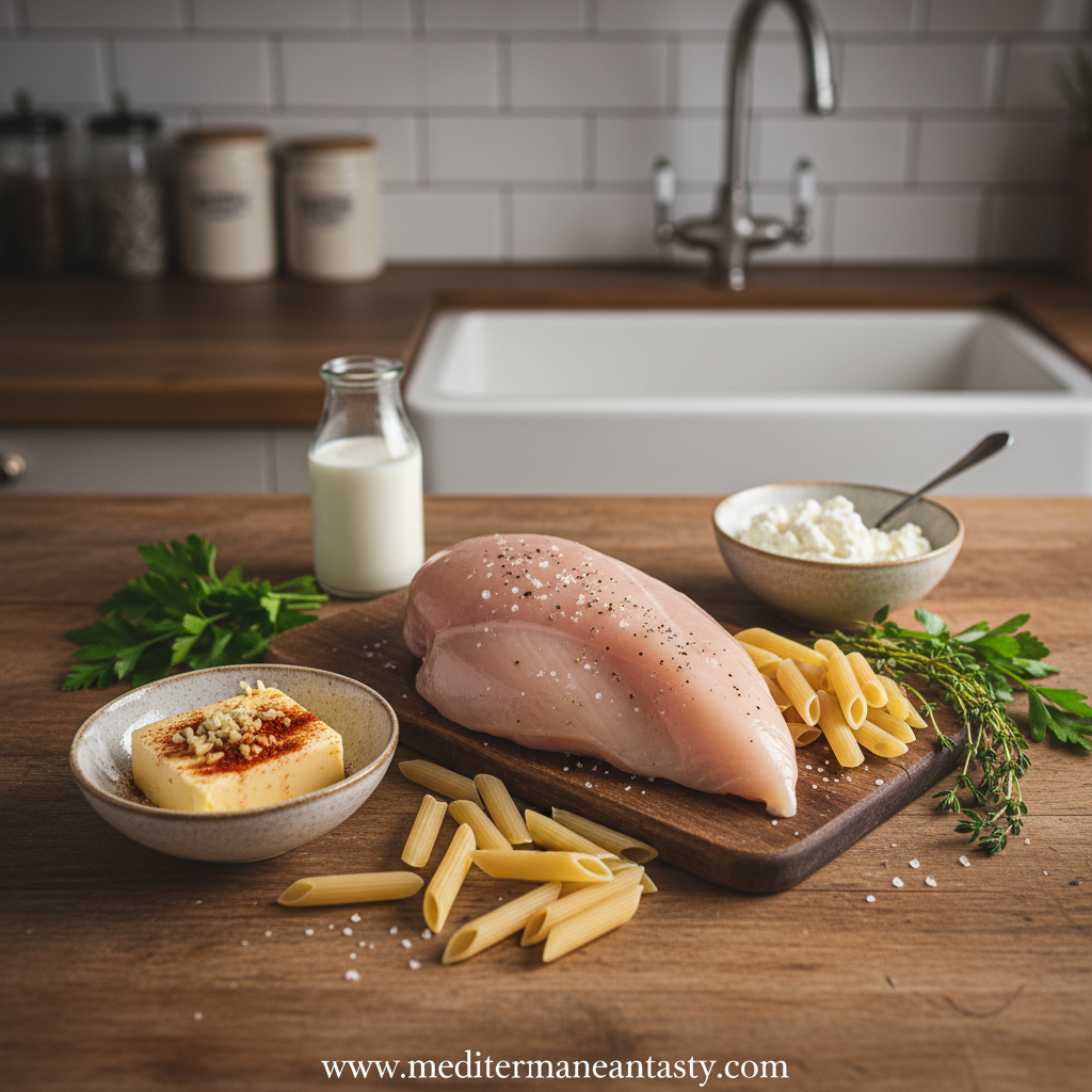 Ingredients for smoky garlic butter chicken pasta