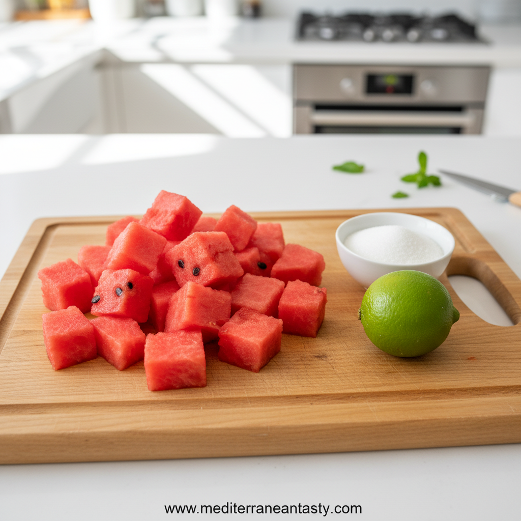 Fresh watermelon cubes, lime, honey and mint leaves for sorbet ingredients