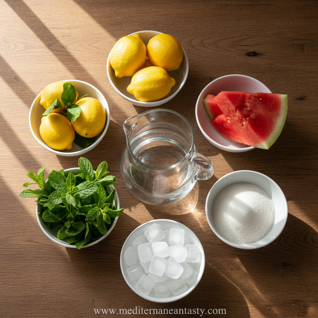 Fresh ingredients for watermelon mint lemonade: watermelon, lemons, mint, sugar, and water