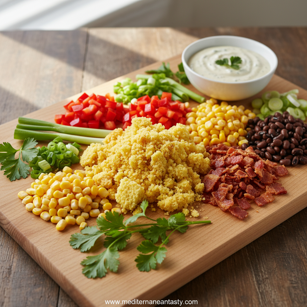 Ingredients for crumbled cornbread salad including cornbread, vegetables, and ranch dressing